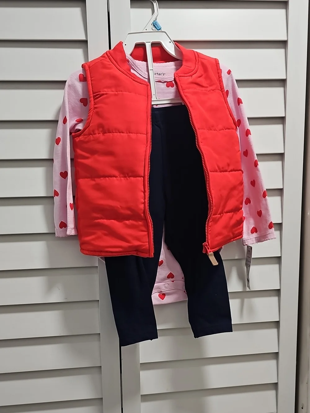 Carter's Red Puffer Vest with Pink Heart Tee and Navy Leggings